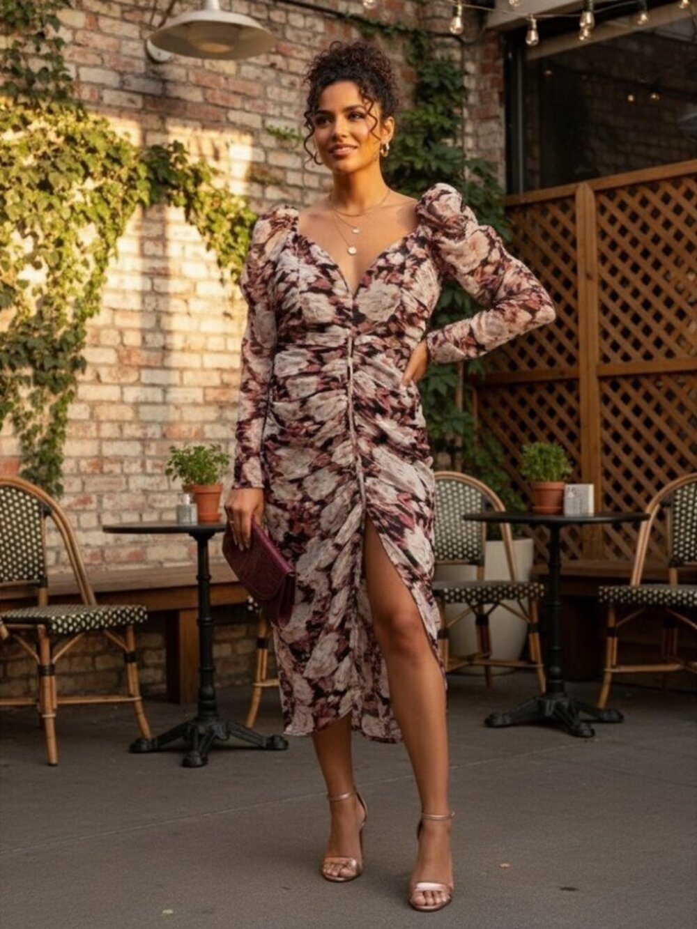 ASTR the Label Jamila Long Sleeve Midi Dress Mauve Black Floral Size Small NWT